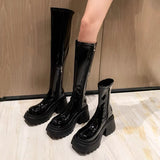 Patent Leather Chunky Platform Long Boots Women Autumn Punk Thick Heels Shoes Woman Zipper Black Motorcycle Botas De Mujer