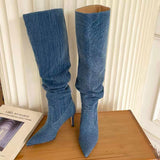 Pleated High Heels Denim Boots for Women  Autumn Jeans Knee High Cowboy Boots Woman Blue Thin Heeled Long Botas Feminina