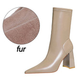 Shoes Mid-Calf Boots Chunky Block Heels Women Boots Pointed High-Heeled Boots Lady Pu Leather Boots Autumn Winter Shoes