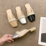 Shoes Slippers Women Summer Cover Toe Low Slides Pantofle Female Mule  Mules Rome Hoof Heels Fabric PU Mules For Women