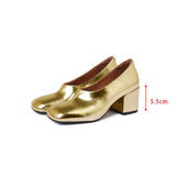 Luxury Silver Shiny Bling Pumps Square Toe Metal Cow Genuine Leather Loafers Women Heels Shoes Gold Slip On Dress Party