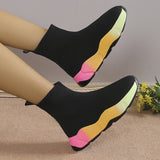 Breathable Knitted Stretch Sock Boots Women  Autumn Rainbow Color Thick Bottom Ankle Boots Woman Plus Size 43 Sock Shoes