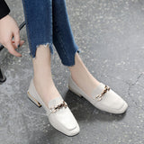 Women All-match Square Head Thick Heel Shallow Mouth Flat British Small Leather Shoes Ladies Soft Leather Non-slip Loafers