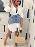 Solid Lapel Long Sleeve Single Breasted Shirt Dress and Irregular Denim Skirt Two Piece Set Women  Cute Street Outfit