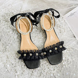 hulianfu New low-heeled women's sandals for summer  Black square toe pearl casual shoes designed by fashion brand