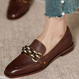 hulianfu  New Women Chain Loafers 22-25cm Low Heels Genuine Leather Round Toe Slip on Loafers Ladies Cozy Casual Spring Shoes