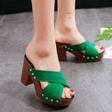 hulianfu Summer Women Sandals Square High Heel Platform Flock Casual Rivet Pumps Peep Toe Female Elegant Ladies Shoes Zapatos De Mujer