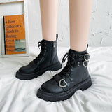 Heart Buckle Chunky Platform Ankle Boots Women  Autumn Pu Leather Thick Bottom Short Boots Woman Black Motorcycle Shoes