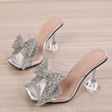 hulianfu Liyke  New Transparent Slippers For Women Fashion Silver Crystal Bowknot High Heels Female Mules Slides Summer Sandals Shoes