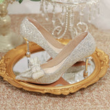 Luxury Pearl Bowtie Wedding Shoes Women  Autumn Shiny Crystal High Heels Pumps Woman Slip On Pointed Toe Bling Party Shoes