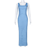 Blue Denim Maxi Dresses Women Spaghetti Strap Low Cut Backless Zipper Split Bodycon Dress Summer  Harajuku Streetwear