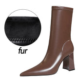 Shoes Mid-Calf Boots Chunky Block Heels Women Boots Pointed High-Heeled Boots Lady Pu Leather Boots Autumn Winter Shoes