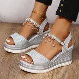 hulianfu Gold Silver Wedges Sandals Women  Summer Pearl Tassels Ankle Strap Platform Sandles Woman Plus Size 43 Peep Toe Beach Shoes