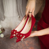 Red Silk Low Heels Wedding Shoes Women  New Pearl Flower Thin Heeled Pumps Woman Slip On Pointed Toe Ladies Party Shoes