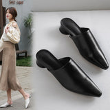 hulianfu  Summer Women Sandals Genuine Leather Shoes for Women Pointed Toe Low Heel Women Sandals Cover Toe Chunky Heel Women's Mules