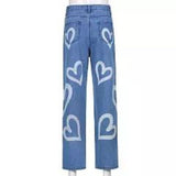 hulianfu Fashion Trousers Medium Wash High Waist Heart Print Wide Leg Jeans