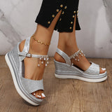 hulianfu Gold Silver Wedges Sandals Women  Summer Pearl Tassels Ankle Strap Platform Sandles Woman Plus Size 43 Peep Toe Beach Shoes