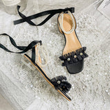 hulianfu New low-heeled women's sandals for summer  Black square toe pearl casual shoes designed by fashion brand