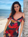 Sexy Spaghetti Strap Cold Shoulder Vacation Print Boho Dress Tunic Women Summer Clothes Beach Wear Swim Suit Cover Up A1143