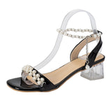 hulianfu Fashion Pearl Ankle Strap Sandals for Women  Summer Transparent Square Heels Sandalias Mujer String Bead Party Shoes Woman