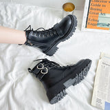 Heart Buckle Chunky Platform Ankle Boots Women  Autumn Pu Leather Thick Bottom Short Boots Woman Black Motorcycle Shoes