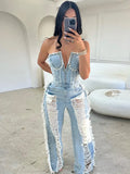 Tassel Hollow Out  Overalls For Women Studded Diamond Strapless Backless Jeans Street Fashion Trend Jumpsuite Femme