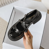 hulianfu  spring new women's single shoes Fashion loafers Casual Mary Jane leather shoes Middle heel black Large size 41-43