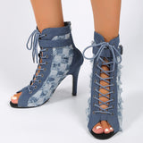 Blue Denim High Heels Boots Women  Autumn Pointed Toe Peep Toe Ankle Boots Woman Plus Size 42 Zipper Thin Heeled Short Botas