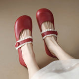 Cute Lace Straps Red Mary Jane Shoes Women  Autumn Comfortable Soft Sole Ballet Flats Woman Round Toe Low Heels Party Shoes