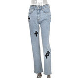 Casual Cross Printed Baggy Jeans Women Low Waist Vintage Straight Denim Trousers Cyber Y2k Goth Pants Fashion Mom Jeans