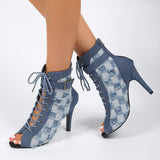 Blue Denim High Heels Boots Women  Autumn Pointed Toe Peep Toe Ankle Boots Woman Plus Size 42 Zipper Thin Heeled Short Botas