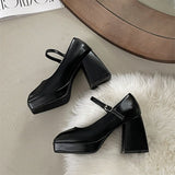 Mary Jane Square Toe High Heels Pumps Thick Women Shoes Platform Lolita Females Shoes Ankle Warp Vintage Leather Woman Shoes