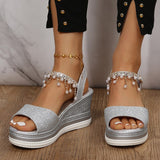 hulianfu Gold Silver Wedges Sandals Women  Summer Pearl Tassels Ankle Strap Platform Sandles Woman Plus Size 43 Peep Toe Beach Shoes