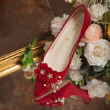 Red Silk Low Heels Wedding Shoes Women  New Pearl Flower Thin Heeled Pumps Woman Slip On Pointed Toe Ladies Party Shoes