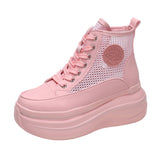 Summer Ankle Boots Women's Mesh Shoes New Hollow Out Breathable Casual Sneakers White Pink Height Increasing Womans Footwear