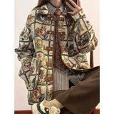 Fashion Vintage Jackets Cartoon Print Single Breasted Turn Down Collar Design Coats Y2k Preppy Style All Match Women's Clothing