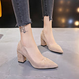 hulianfu New Women Pumps Flock Sweet Thick High Heels Female Sexy Office Pointed Toe Dress Work Pump Cute Shoes Ladies Footwear