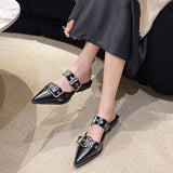 Punk Gothic Metal Buckle Low Heels Sandals Women  New Pointed Toe Thick Heeled Summer Slippers Woman Platform Muller Shoes