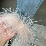 Autumn Sleeveless Feathers Camisole Crop Top Blue Denim Pants Long Jeans Two Piece Set Women GF920