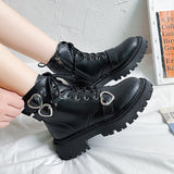 Heart Buckle Chunky Platform Ankle Boots Women  Autumn Pu Leather Thick Bottom Short Boots Woman Black Motorcycle Shoes