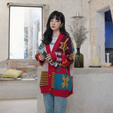 Female Winter Autumn Christmas Print V-neck Korean Preppy Style Long Sleeve Buttons Knitted Cardigan Coat Street Casual Top