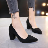 hulianfu New Women Pumps Flock Sweet Thick High Heels Female Sexy Office Pointed Toe Dress Work Pump Cute Shoes Ladies Footwear