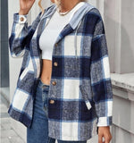 hulianfu Vintage Plaid Jacket Womens Wool Blend Coats Hoodies Streetwear Flannel Hooded Woolen Za Woman Overshirt Oversized Shirts