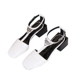 hulianfu Summer Patent Leather Women Pumps Sandals Square Toe Thick Heels Shoes Closed Toe Back Empty Fashion Sandals Women's High Heels