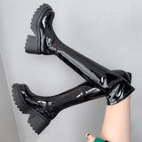 Patent Leather Chunky Platform Long Boots Women Autumn Punk Thick Heels Shoes Woman Zipper Black Motorcycle Botas De Mujer