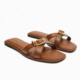 Summer Gold Buckle Women Flat Slippers Brown Leather Women Slides Casual Open Toe Gladiator Sandals Woman Plus Size Shoes42