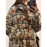 Fashion Vintage Jackets Cartoon Print Single Breasted Turn Down Collar Design Coats Y2k Preppy Style All Match Women's Clothing