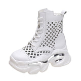 Summer Ankle Boots Women's Mesh Shoes New Hollow Out Breathable Casual Sneakers White Pink Height Increasing Womans Footwear