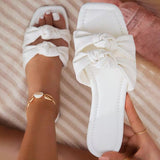 hulianfu New Women's Slippers Summer Bow Square Toe Shoes Twist Strap Ladies Flat Sandals Outdoor Beach Casual Comfy Female Slides