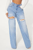 hulianfu - Baby Blue Casual Solid Ripped High Waist Straight Denim Jeans (Subject To The Actual Object)